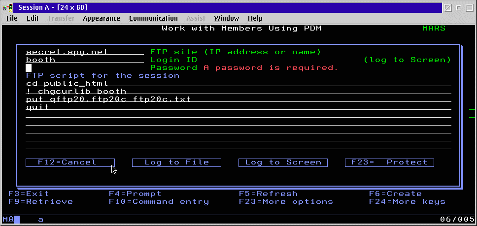 The User's Screen, with the default script, ready for a password.