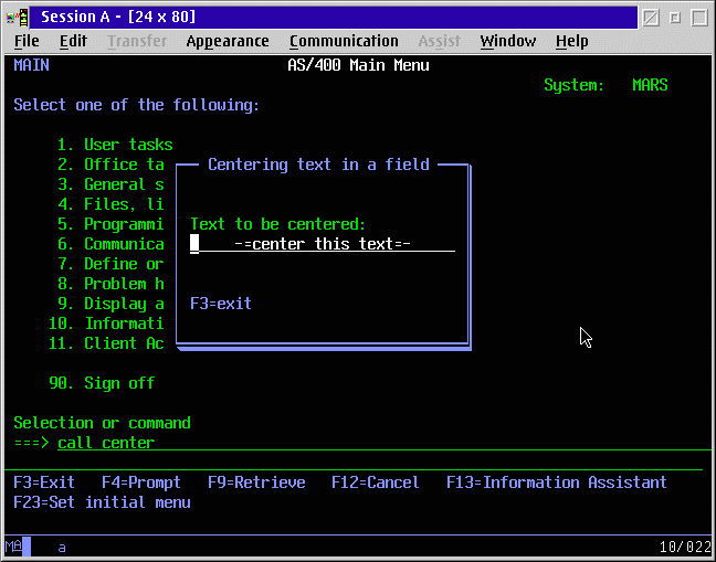 Screen shot of centered text program