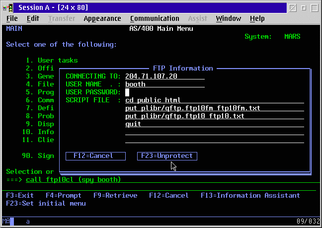 The User's Screen, with the default script, ready for a password.